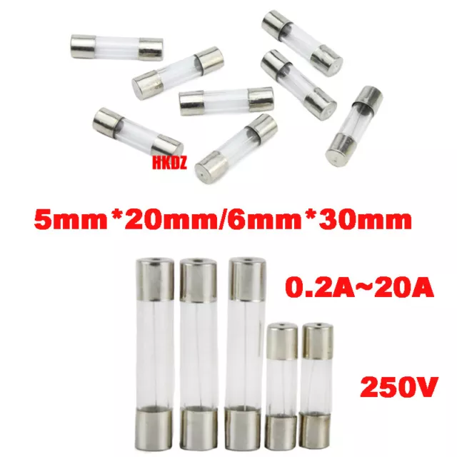 250V Glass Fuses 5*20mm/6*30mm Quick Blow Fast Acting Tube Various Amps 0.2A~20A