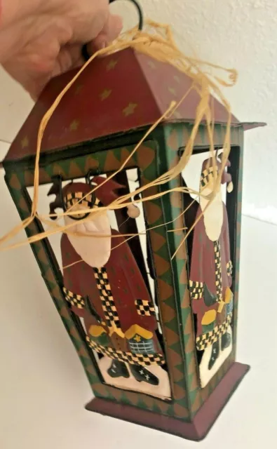 Vtg Burgundy XMAS SANTA TIN LANTERN Votive Candle Holder Opening Door STARS 1