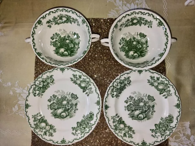 Masons 'Fruit baskets' Ironstone 2 Twin Handled Soup Cups and 2 plates (17.5 cm)