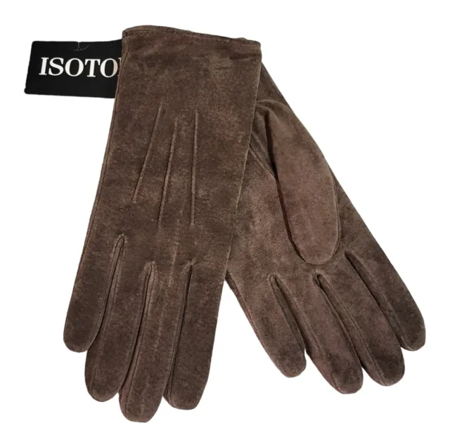 Vintage Isotoner Aris Gloves Womens Sz M Brown Genuine Suede Leather Lined NEW