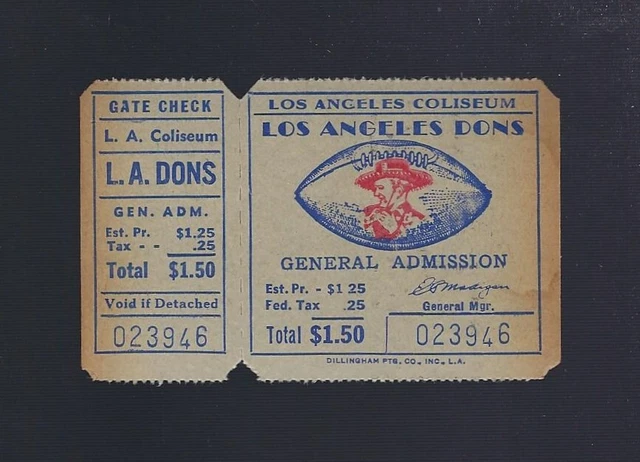 VINTAGE 1946 AAFC NFL LOS ANGELES DONS not rams FULL UNUSED FOOTBALL TICKET