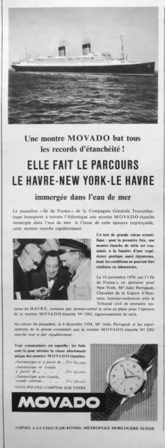 Publicité De Presse 1955 Montre Movado Records D'étanchéité Dans L'eau De Mer