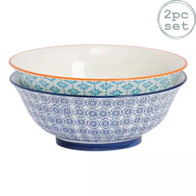 Porcelain Salad Bowl China Fruit Food Serving - Orange / Blue Floral  - 203mm x2