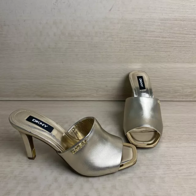 DKNY Gold Faux Leather Logo Open Toe Slip On Mule Sandals, Size Womens 6M