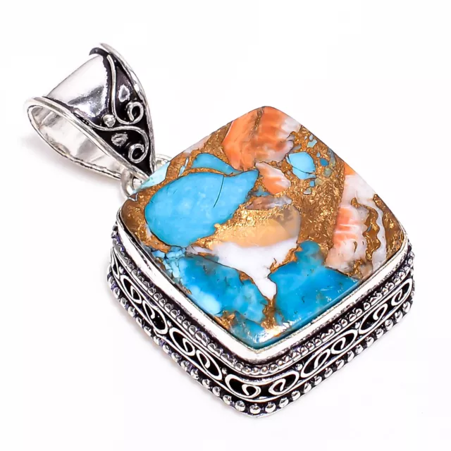 Oyster Turquoise StoneVintage Handmade 925 Sterling Silver Pendant 1.5" GSR-1185