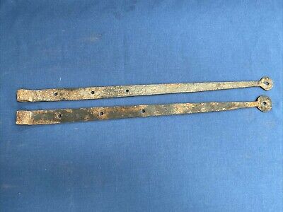 Pair Antique Hand Forged Iron Barn Door Strap Hinges 18 1/8 & 17 7/8"
