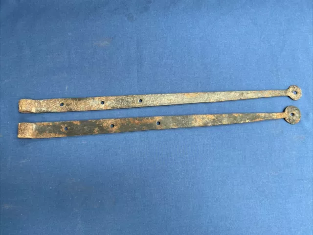 Pair Antique Hand Forged Iron Barn Door Strap Hinges 18 1/8 & 17 7/8"