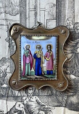 Antique Miniature Russian Enamel Finift Saint Illuminated Icon 19th Century 1800