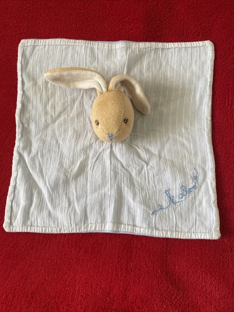 🇫🇷 Doudou lapin marron carré rayé bleu blanc brodé KALOO TTBE