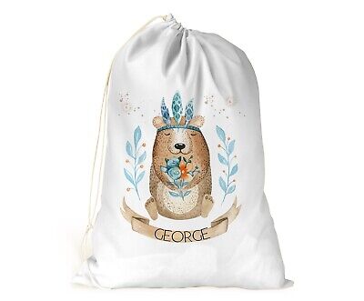Saco de lavandería blanco personalizado para niños bolsa de almacenamiento grande oso boho