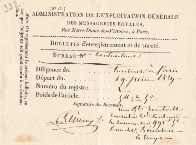 Vieux Papier 1829 Administration Messageries Royales Bulletin D'enregistrement