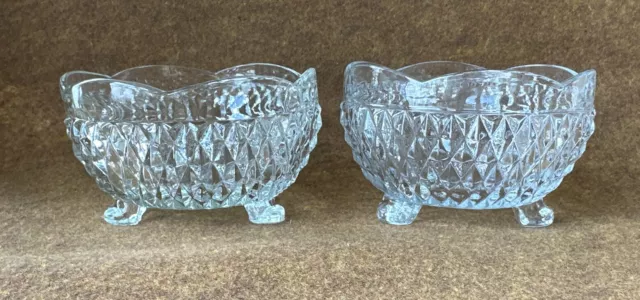 Two Vintage Indiana Glass 3 Footed Bowls Diamond Point Scalloped Edge Candy Dish