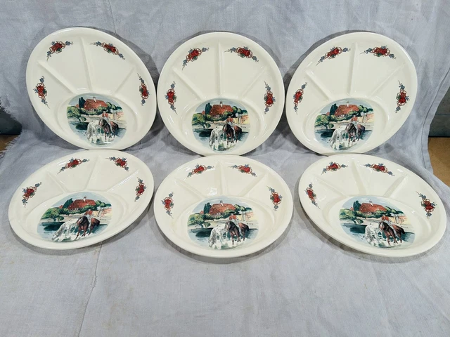 Lot de 6 assiettes à fondue Obernai - Faïence Sarreguemines Signé H. loux