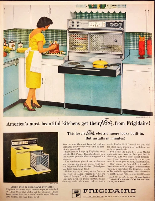 1962 Frigidaire Electric Range Vintage Print Ad Housewife Cooking Lamb High Heel