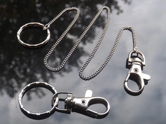 Long Key Ring LONG THIN KEY Ring Chain Clip on Keyring Stainless Steel Wallet Safety ...
