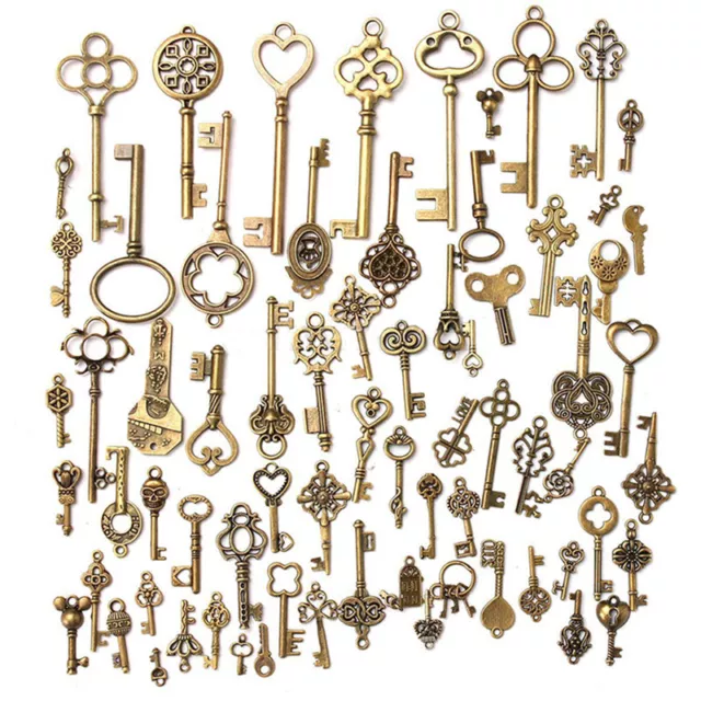 Set of 70 Antique Vintage Old Look Bronze Skeleton Keys Fancy Heart Bow Pendant❤