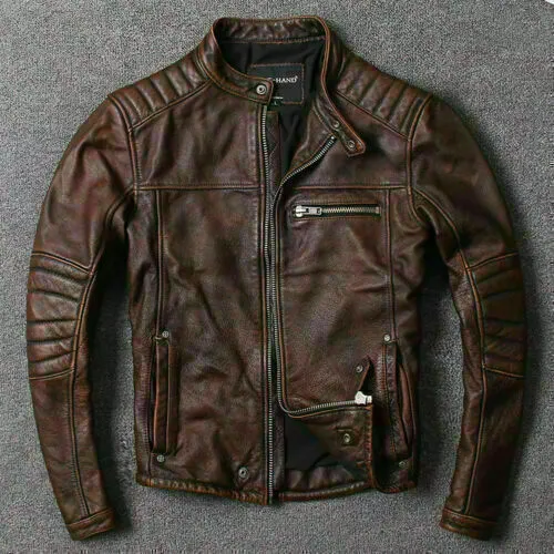 Men’s Biker Vintage Cafe Racer Distressed Black/Brown Real Leather Jacket