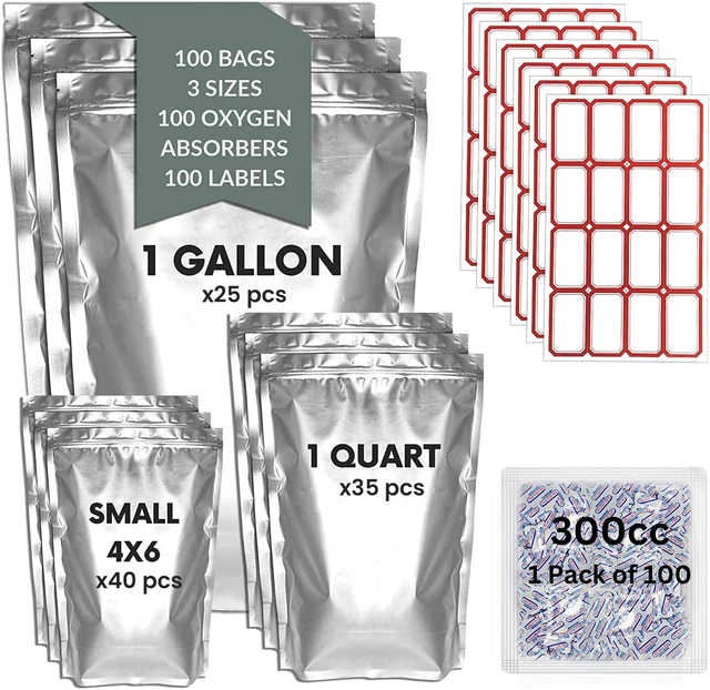 100  for Food Storage with Oxygen Absorbers 5 Mil Thick 300Cc Labels, 4"X6" Rese