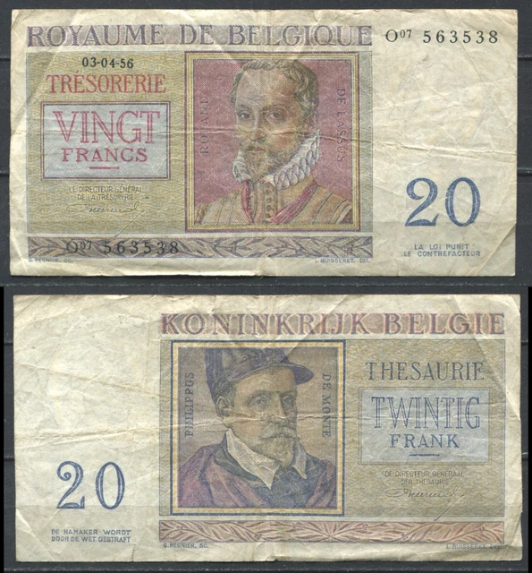 Belgie Belgique 1956 • 20 francs • P# 132b • B VG+ (N-18)