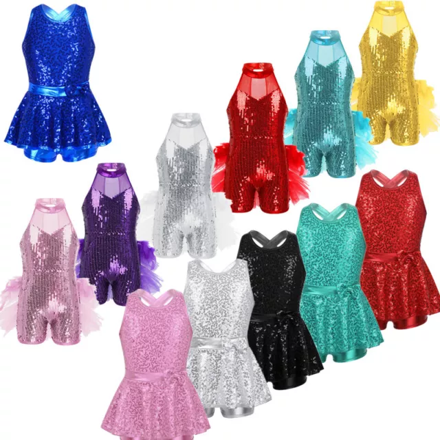 Kid Girls Sleeveless Jazz Ballet Dance Leotard Shiny Sequins Performance Costume