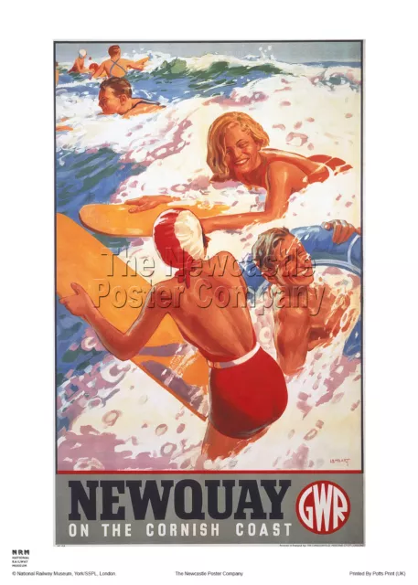 Newquay Cornwall Poster Surfing  Railway Retro Vintage Travel Advertising