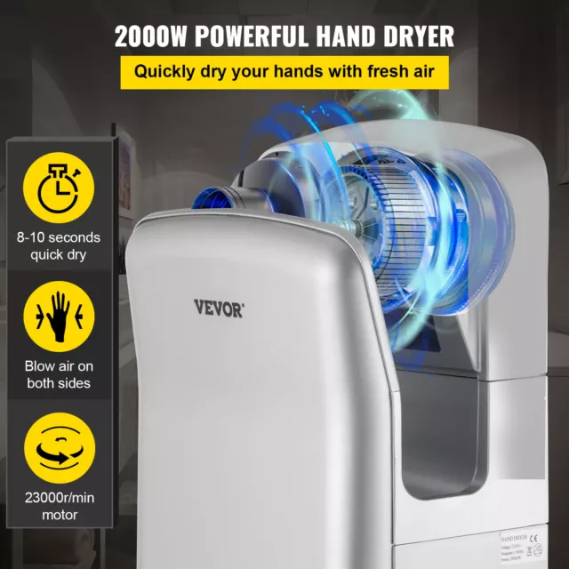 VEVOR Jet Hand Dryer Blade Hand Dryer Automatic High Speed for Washroom Silver 2