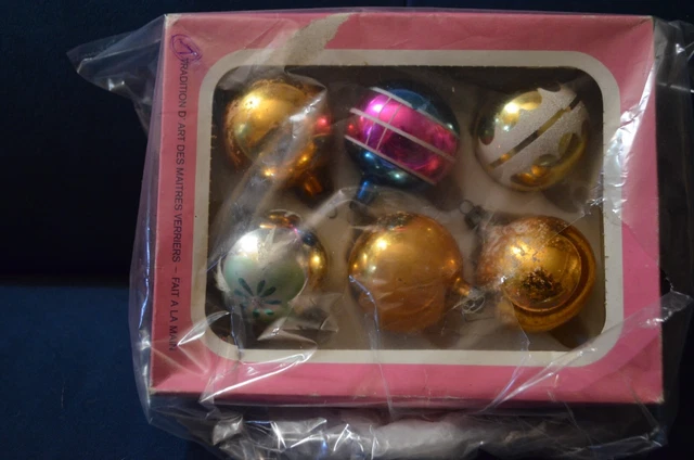 BOULES DE NOEL Anciennes En Verre .Boite De Six.no1.Noel Ancien EUR 8