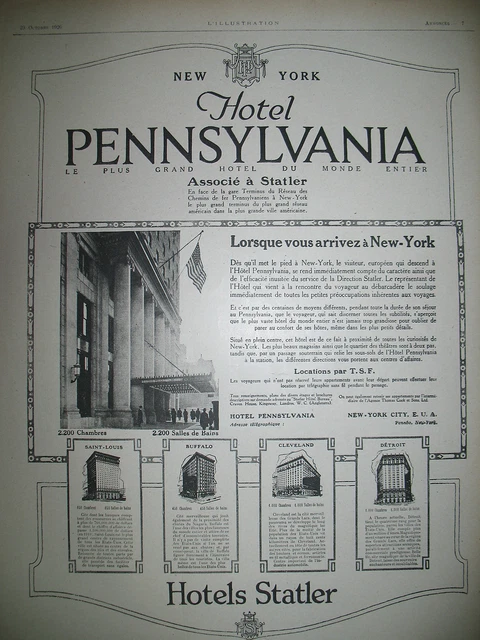 Publicite De Presse Hotel Pennsylvania New-York Statler Tourisme French Ad 1920