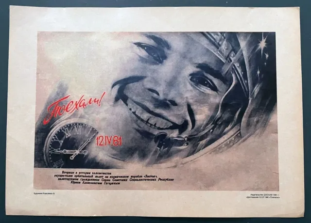 1981 Gagarin Cosmonaut Vostok Spazio Poster Originale Russo Sovietico 30x40 Raro