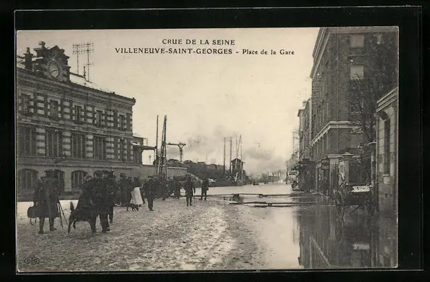 CPA Villeneuve-Saint-Georges, Crue de la Seine 1910, Place de la Gare