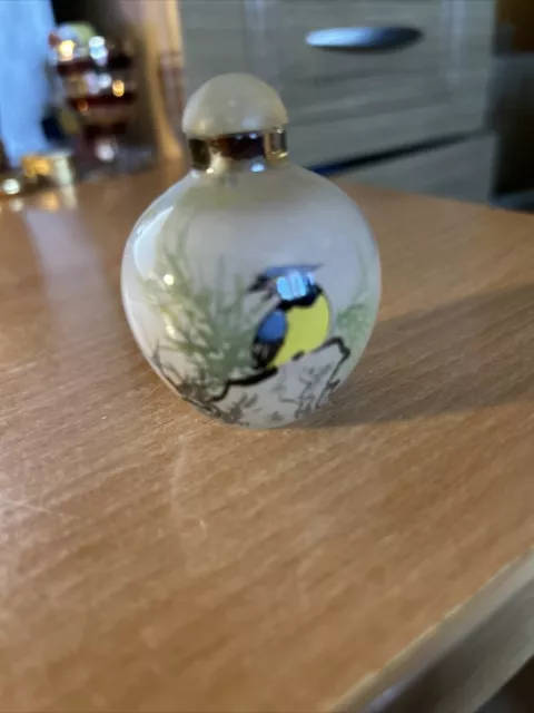 Reverse Hand Painted Chinese Snuff Bottle two blue/yellow birds 6cm tall