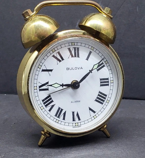 VINTAGE BULOVA WIND Up Twin Bell Alarm Clock Brass White Dial Made in