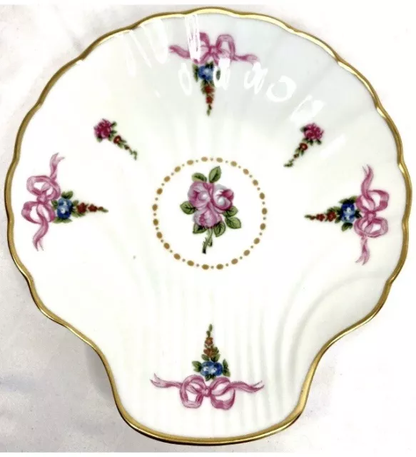 Limoges Porcelain Trinket Dish: Pink Floral Shell Gold Trim- Malbec France 6.75”