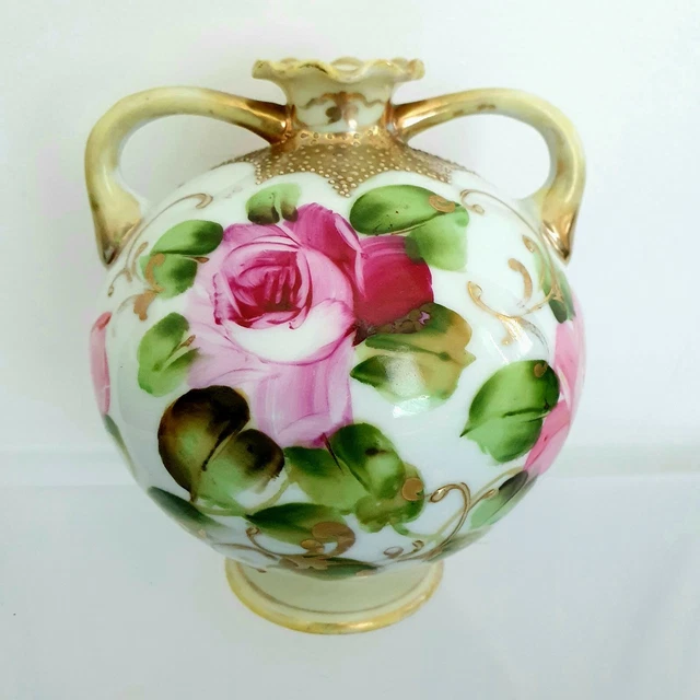 Nippon Handfarbe Porzellan Vase Blumen Rosen Röhrenlinie vergoldete Emaille Gold Japan