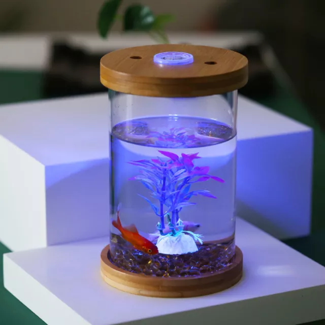 Cylindrical Ecological Fish Tank Mini Aquarium For All Water Type w/ Wooden Base