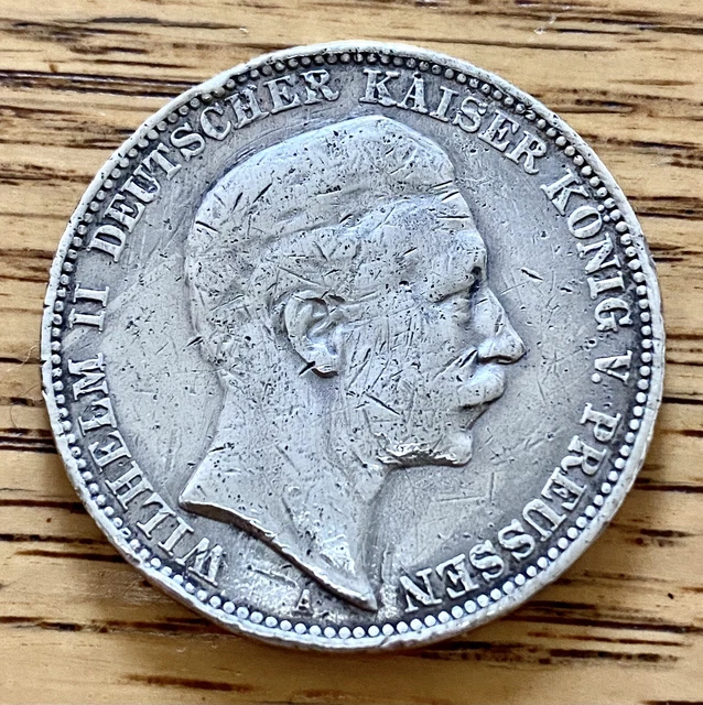 1909  Prussia Germany Kaizer Wilhelm Ii Silver ~  3 Marks Coin ~ 16.2 Gr