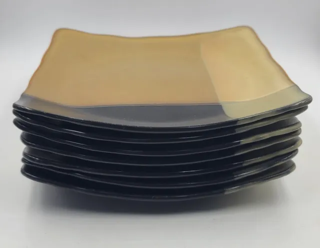 SANGO #5022 Gold Dust Black 8 3/4" Square Salad Plate Ripple Edge Set Of  7