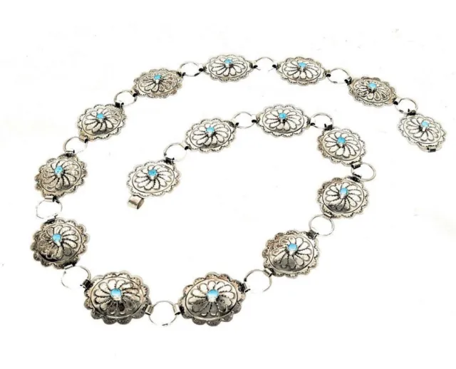 Old Pawn Navajo Sterling Silver & Turquoise Concho Link Belt