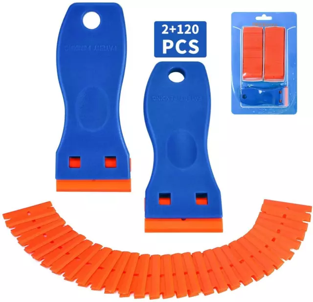 New PLASTIC RAZOR BLADE SCRAPER, 2 Pack Razor Scraper With 120 Pcs Razor Blades