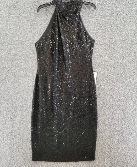 Rachel Roy Sequined Midi Sheath Dress Women's XXL Black Halter Sleeveless~