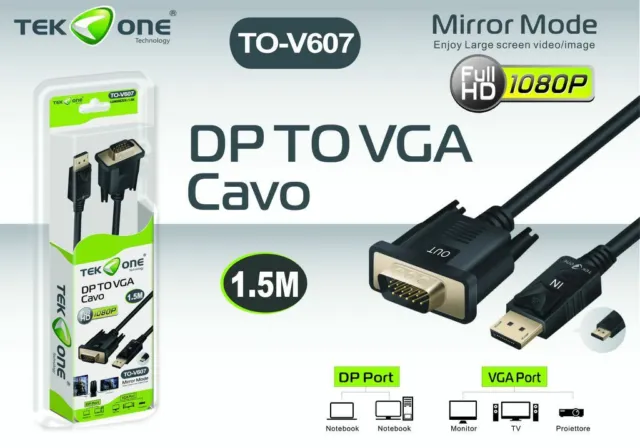 Câble Dp De Displayport À VGA 1080p Full HD Tekone To-v607 1.5 M Hsb