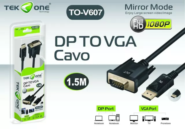 Câble Dp De Displayport À VGA 1080p Full HD Tekone To-v607 1.5 M Hsb