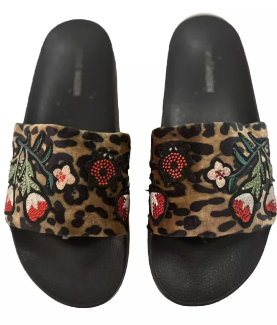 Steve Madden Leopard Embroidered Sequin Patches Black Slides Sandals Size 10