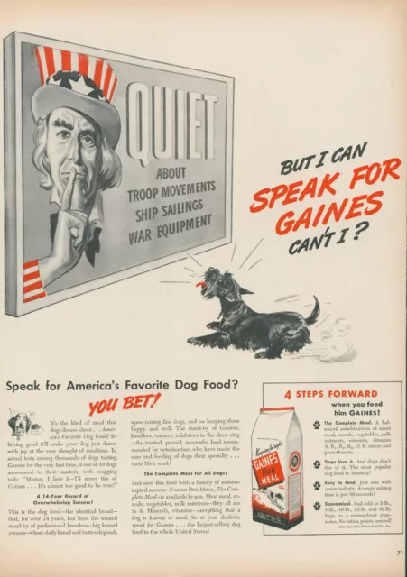 1944 Gaines Dog Meal Food Scottie Bark Uncle Sam Vintage Print Ad L19