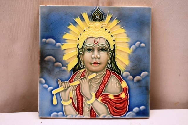 Antique Tile Art Nouveau Majolica Japan Lord Krishna Playing The Flute Porcelain 2