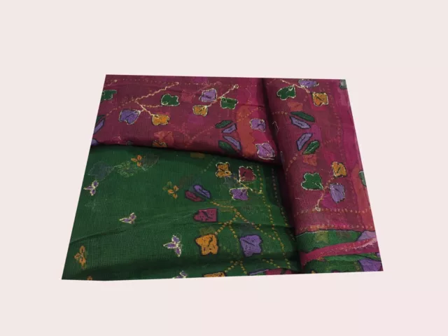 Dev Vintage Green Indian Sarees Kota Cotton Printed Sari 5 Yd Craft Fabric 1581