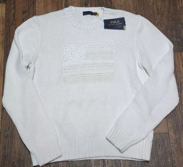 NWOT Polo Ralph Lauren Women's Ivory Flag Eyelet Knit Sweater Special Edition