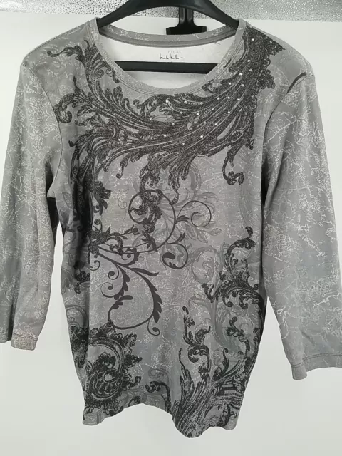 Nicki by Nicole Miller Women's M Gray Floral Rhinestone 3/4 Sleeve Casual Top