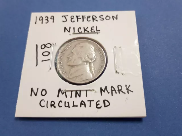 Us 1939 Jefferson Nickel, 5C Coin, No Mint Mark, Rare, Circulated, 801