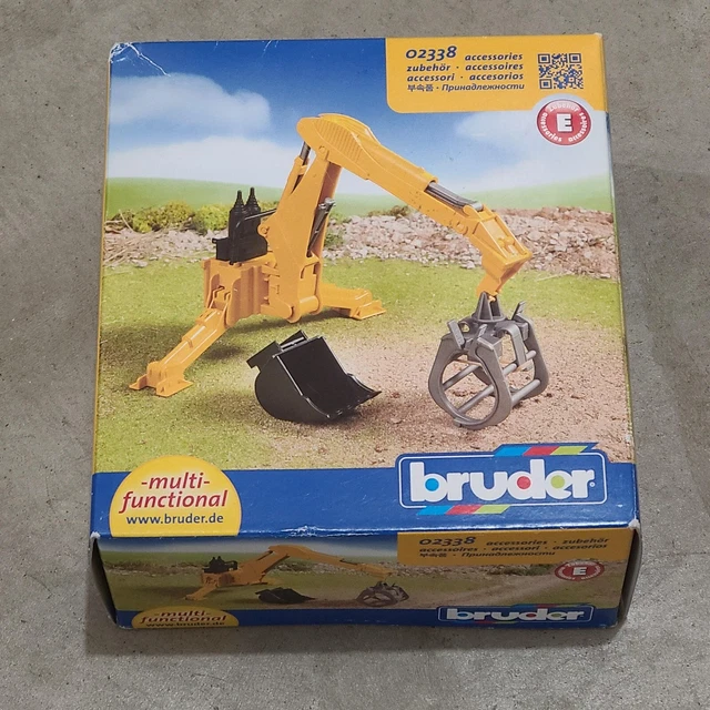 BRUDER 02338, 1:16 Tractor Backhoe, Rear Hydraulic Arm Grappling Hook, NIB